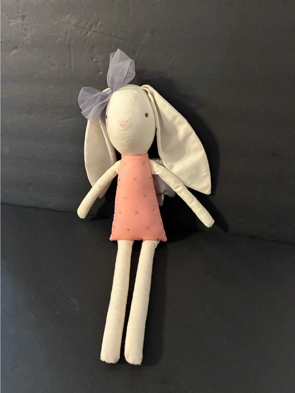 Alimrose Plush Bunny Doll in Pink Dress with Gray Bow - Kids Toy